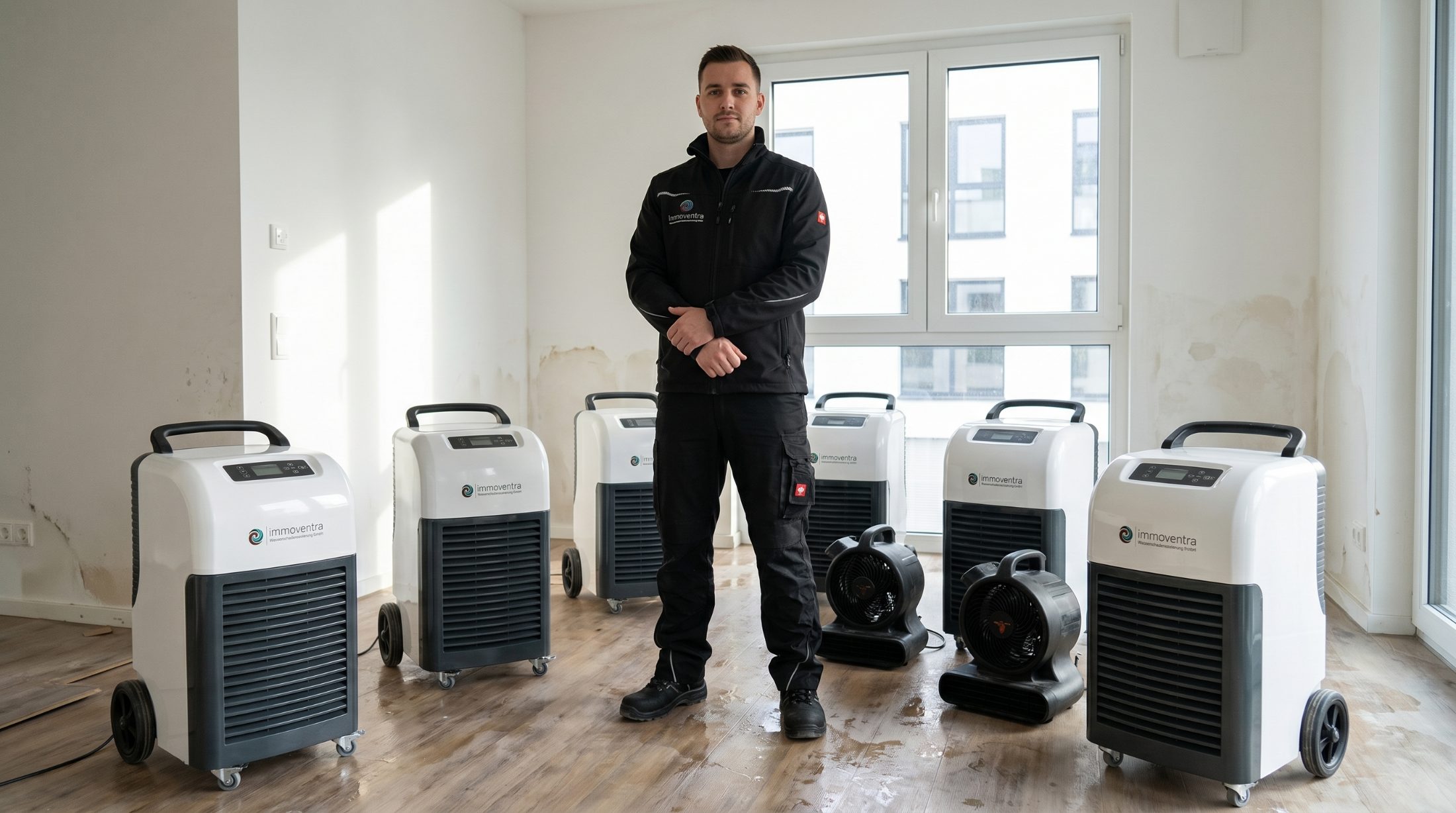 Immoventra Techniker mit Kondensations&shy;trocknern und Ventilatoren am Einsatzort